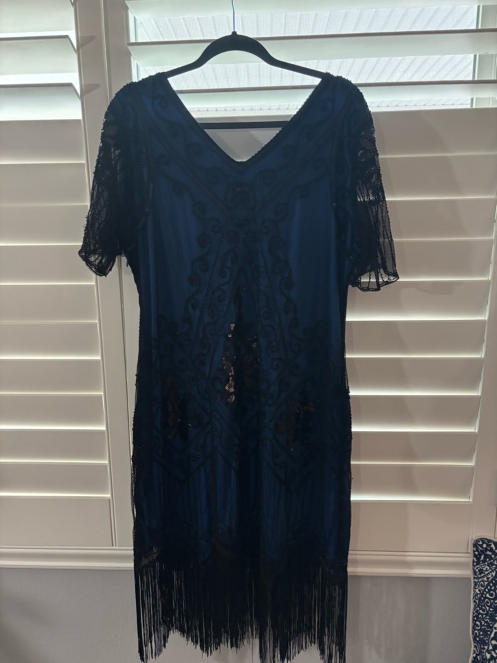 Embellished Navy Fringe Flapper Dress